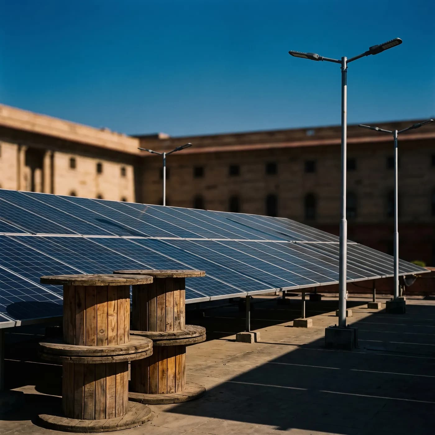 Solar panels, street lights and cable drums on a Government building