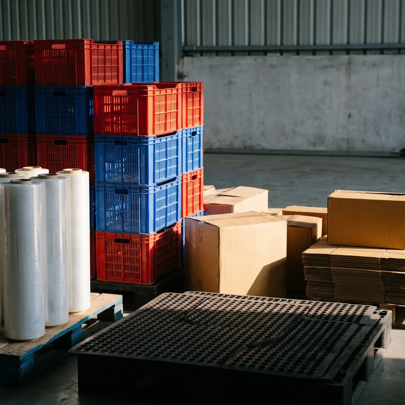 Plastic crates, stretch film and cartons in a warehouse