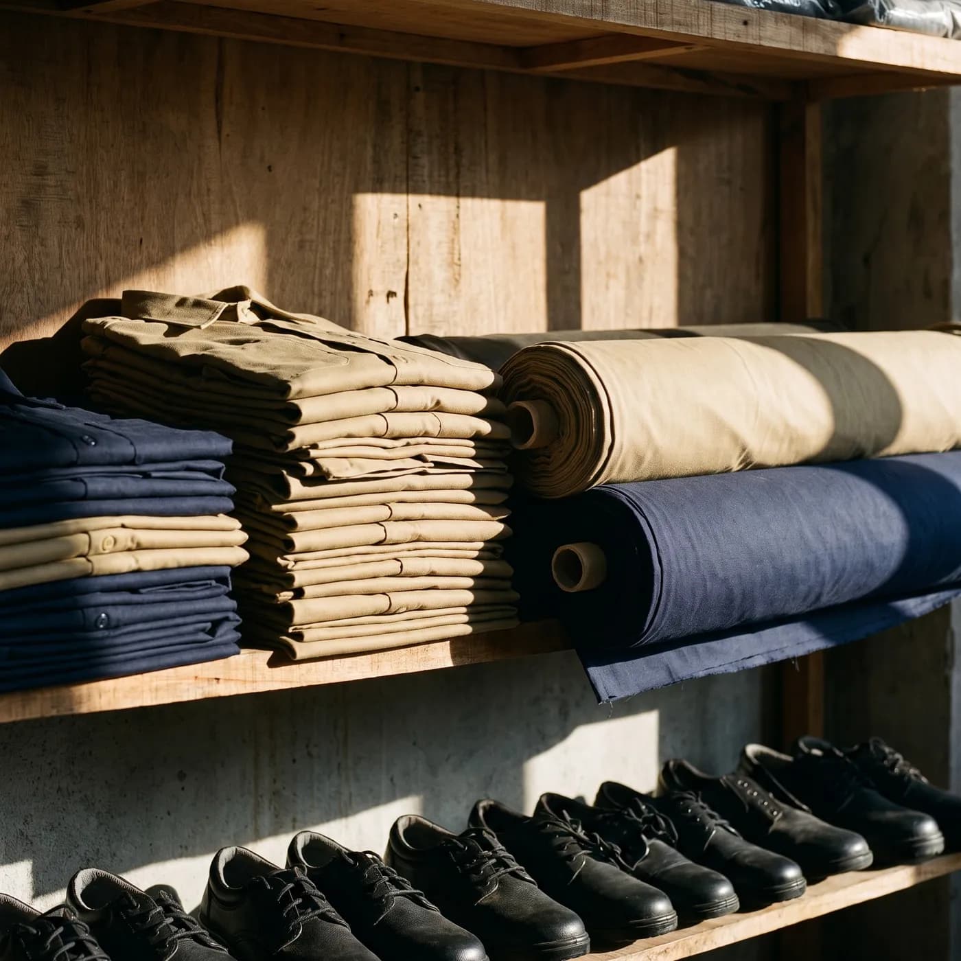 Folded uniforms, fabric rolls and safety shoes on shelves