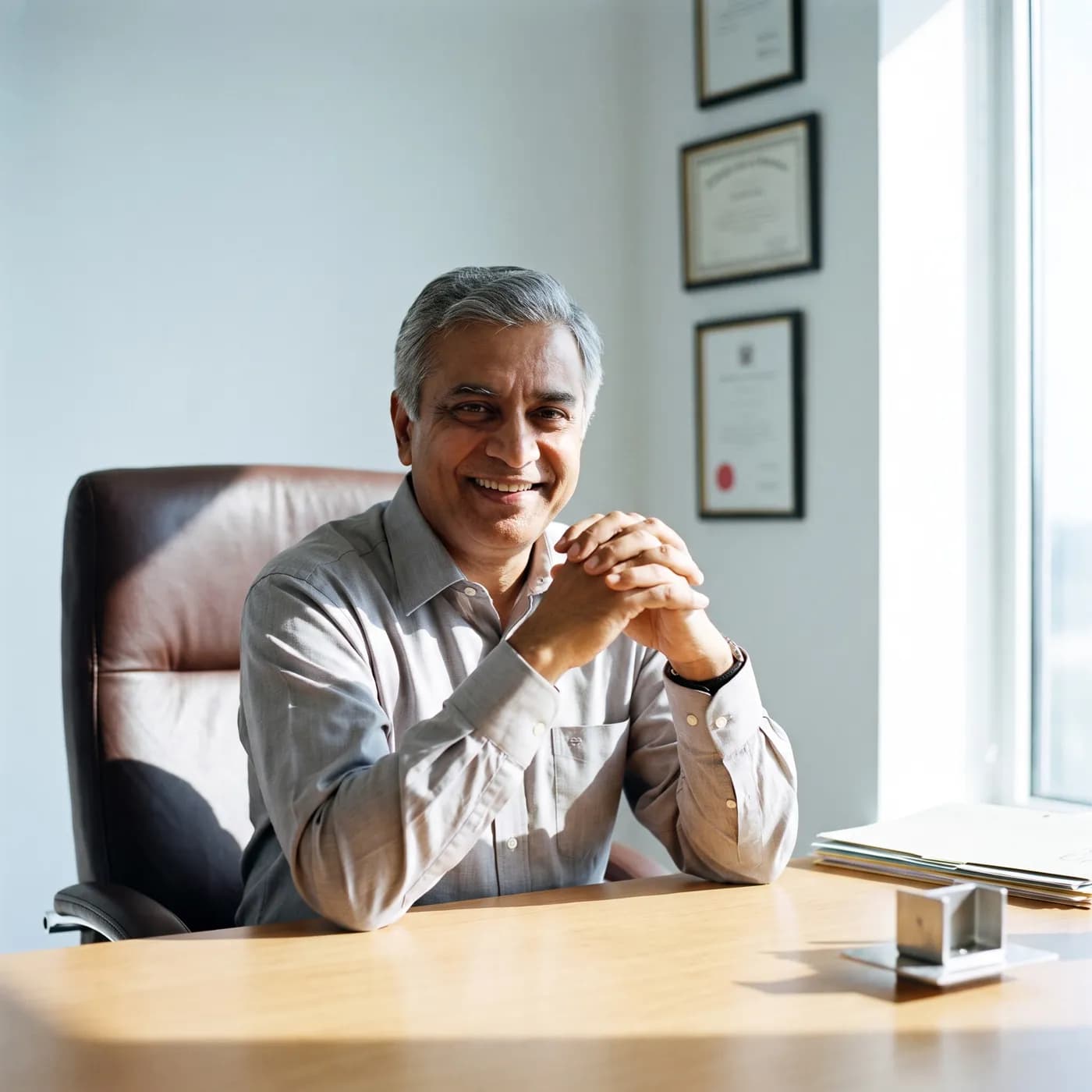 A business owner sitting confidently in his office