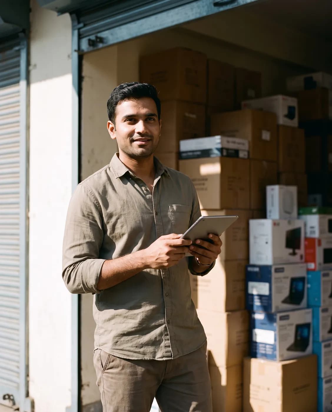 A distributor checking stock in his godown